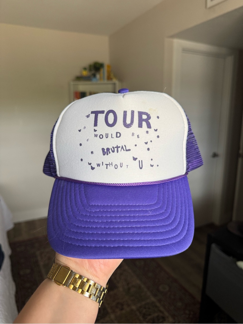 Purple and White Graphic Trucker Hat - "Tour Would Be Brutal Without U"